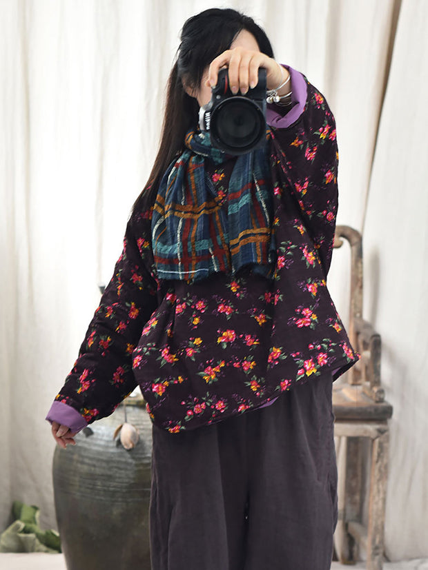 Women Winter Ethnic Floral Plaid Padded Coat
