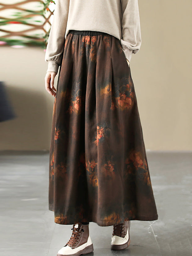 Women Vintage Flower A-shape Cotton Skirt
