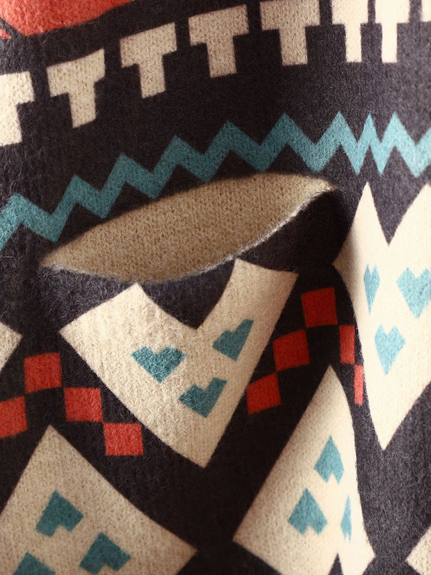 Women Winter V-Neck Geometric Knitted Cardigan Sweater