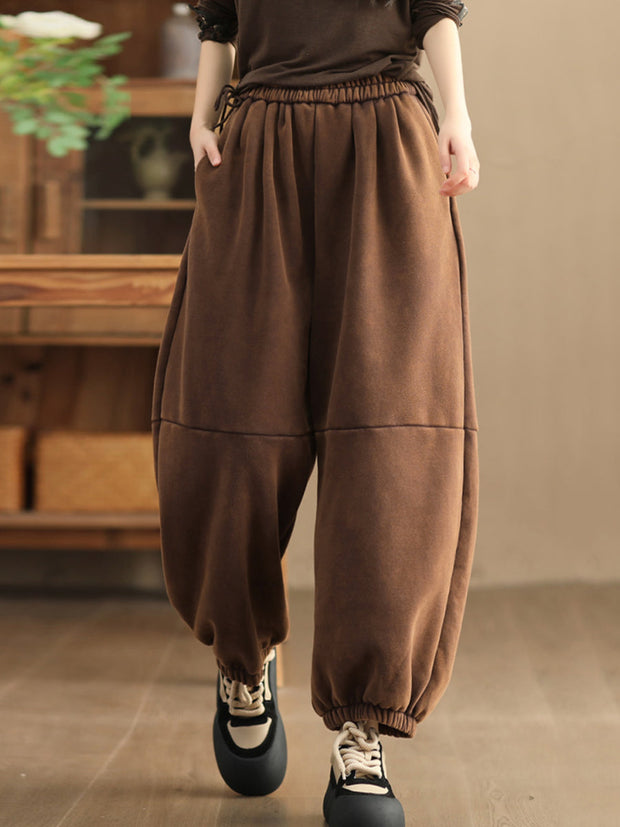 Women Vintage Solid Fleeced-lined Harem Pants