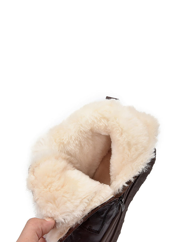 Women Retro Leather Solid Fleece-lined Platfrom Boots
