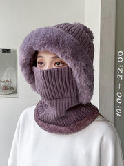 Women Winter Plush Spliced Knitted Scarf Hat