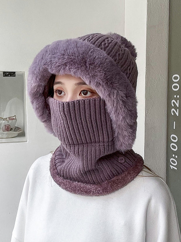Women Winter Plush Spliced Knitted Scarf Hat