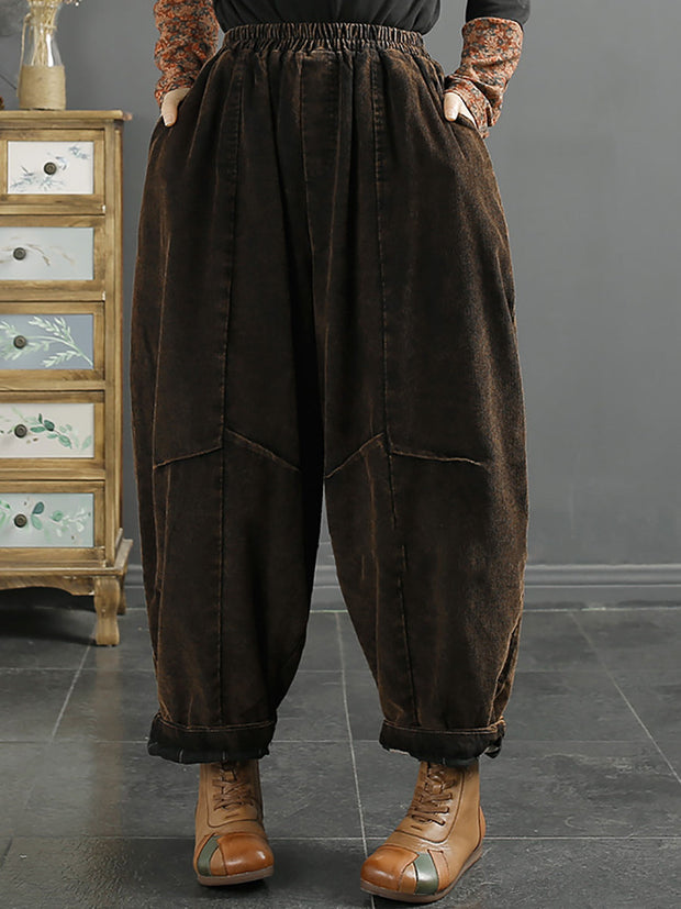 Women Retro Solid Corduroy Spliced Harem Pants