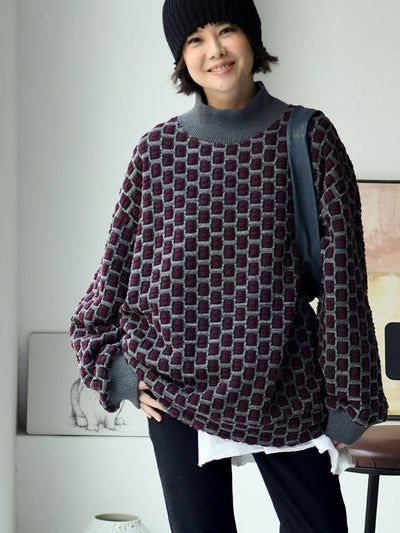 Women Artsy Plaid Spliced Knitted Half-Turtleneck Sweater