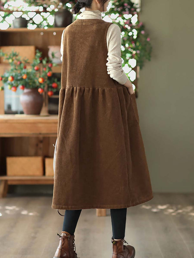 Women Vintage Corduroy Solid Button Vest Dress