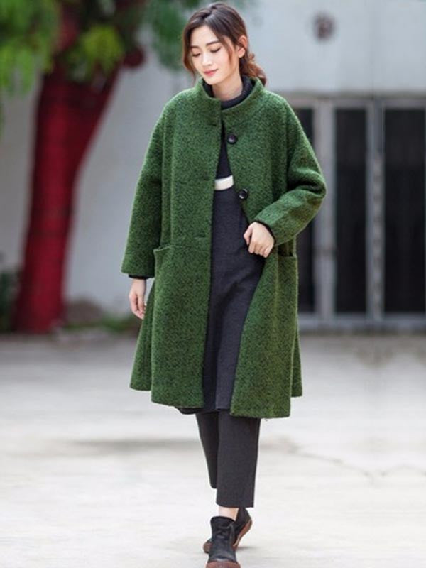 women casual loose woolen coat green - Buykud