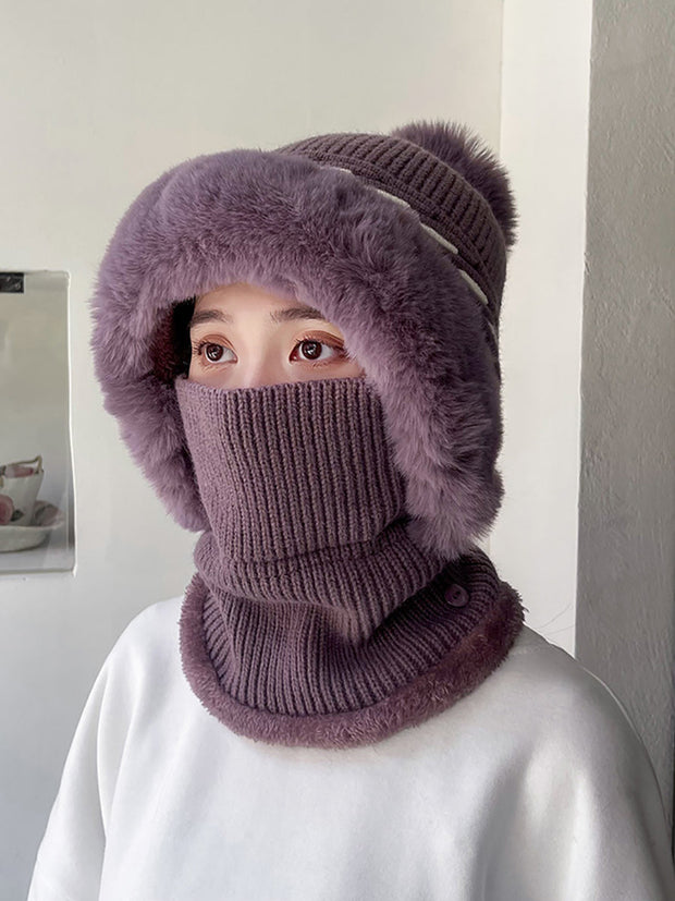 Women Fashion Solid Warm Plush Scarf Hat