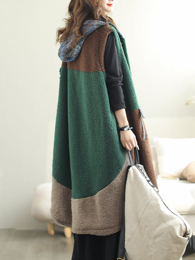Women Autumn Casual Colorblock Hooded Vest Coat