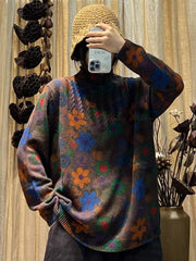 Women Artsy Flower Knitted Turtleneck Sweater