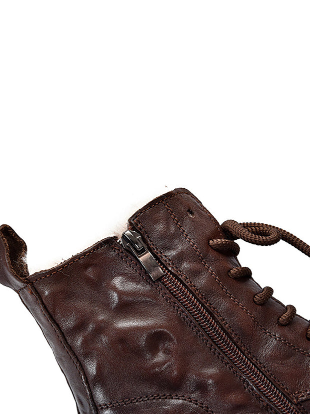 Women Retro Leather Solid Fleece-lined Platfrom Boots