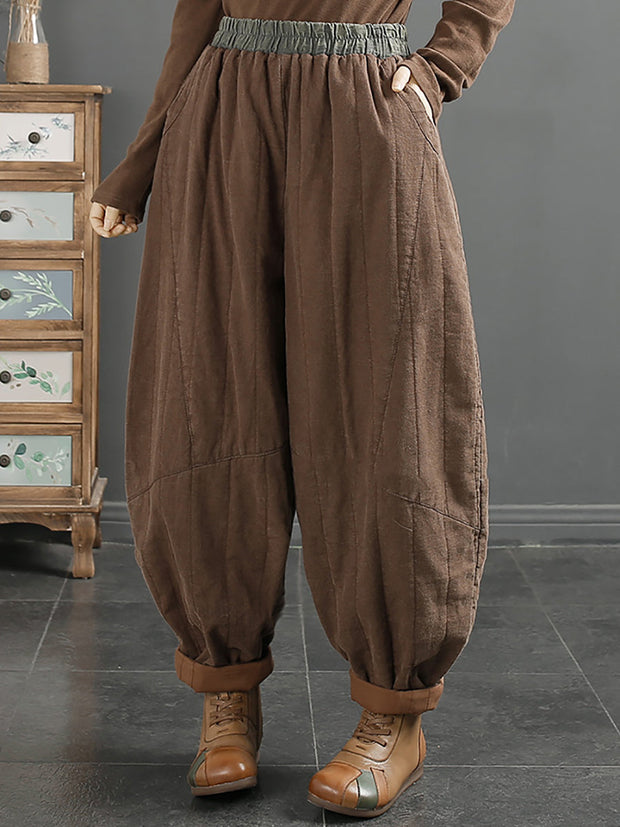 Women Retro Solid Thicken Padded Harem Pants