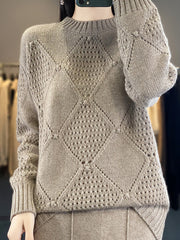 Women Winter Rhomboids Knitted O-neck Wool Sweater