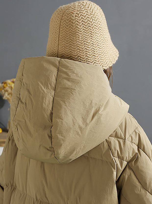 Women Vintage Solid Buckle Long Hooded Down Coat