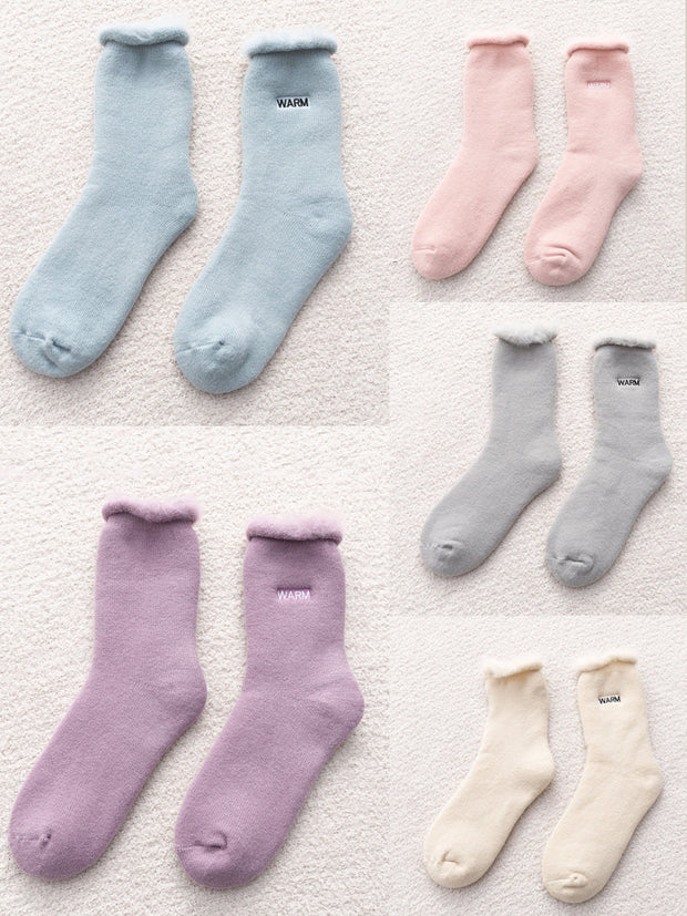 5 Pairs Women Winter Solid Cotton Fleece-lined Socks