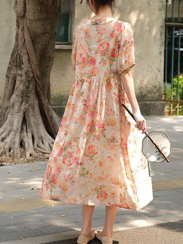 Frauen chinesisches Vintage-Sommer-Blumenknopf-loses Kleid