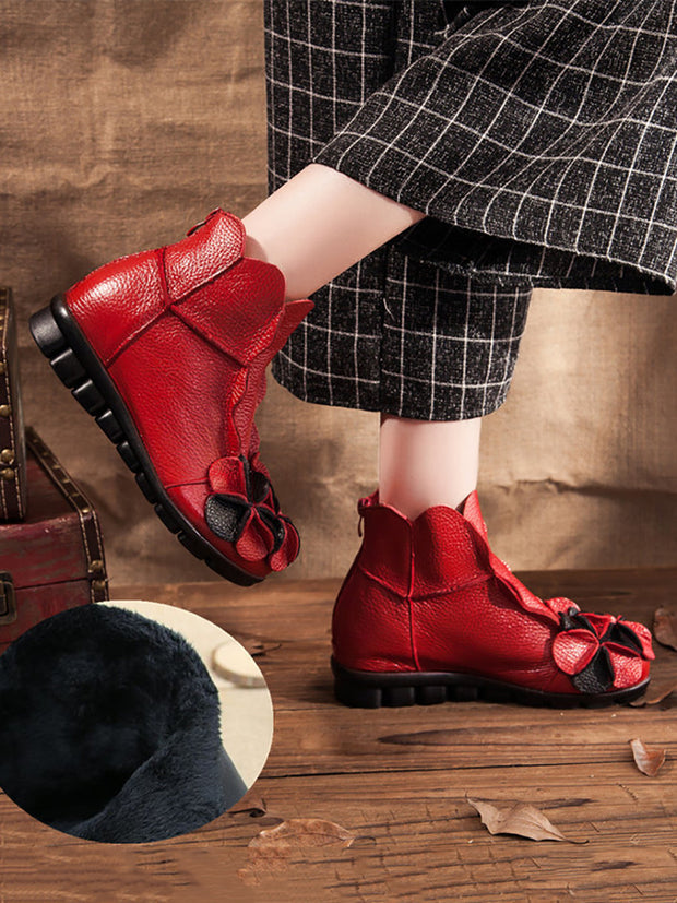 Women Winter Retro Leather Flower Spliced Ankle Boots