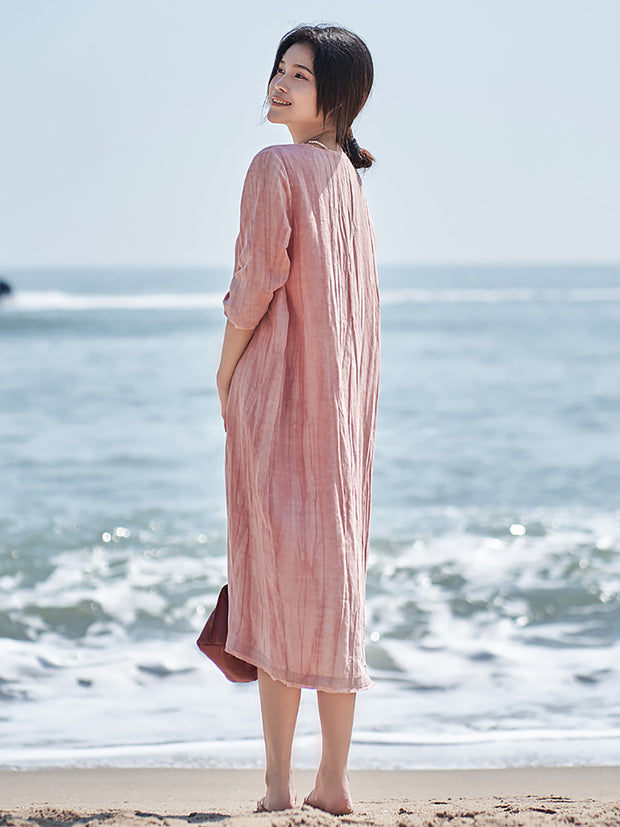 Women Casual Solid V-Neck Loose Linen Dress