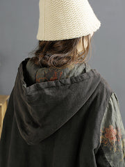 Women Retro Spliced Linen Hooded Padded Coat