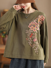 Women Vintage Spring Flower Embroidery O-Neck Shirt