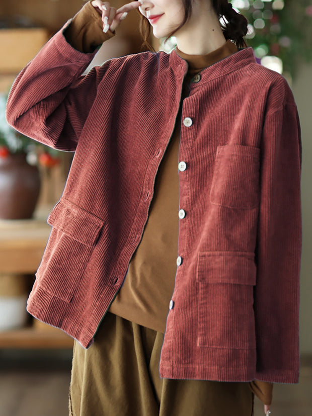 Women Solid Vintage Cotton Corduroy Coat