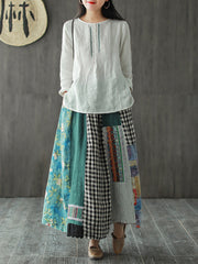 Irregular Print Spliced Casual 100% Linen A-line Skirt