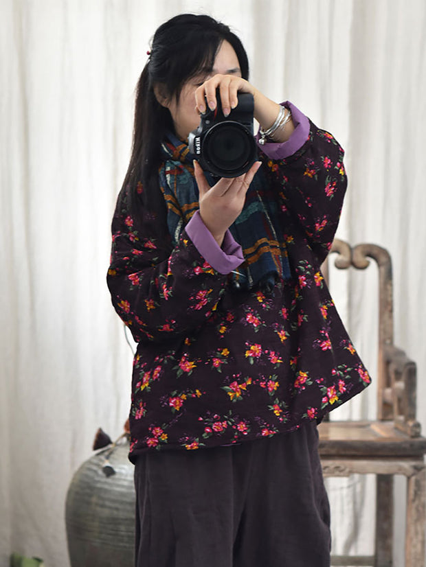 Women Winter Ethnic Floral Plaid Padded Coat