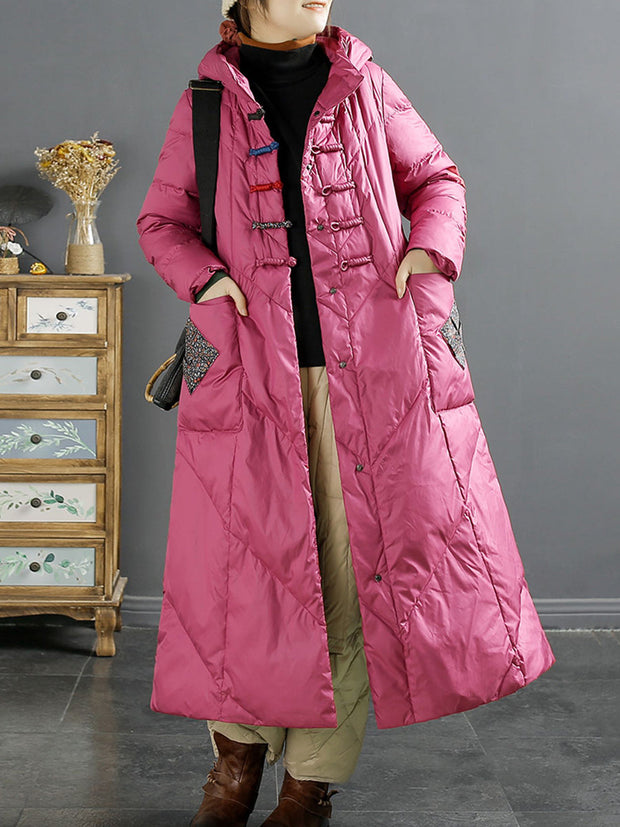Women Ethnic Patch Spliced Long Hooded Down Coat
