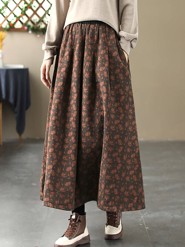 Women Vintage Flower A-shape Cotton Skirt
