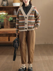 Women Vintage Colorful Stripe Jacqaurd Wool Sweater Coat