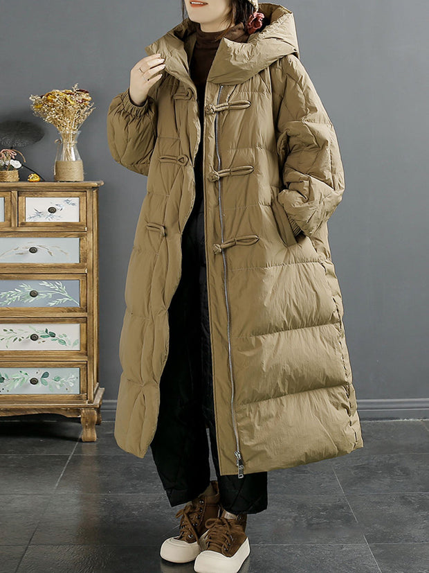 Women Vintage Solid Buckle Long Hooded Down Coat