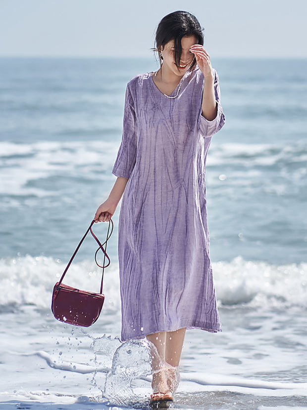 Women Casual Solid V-Neck Loose Linen Dress