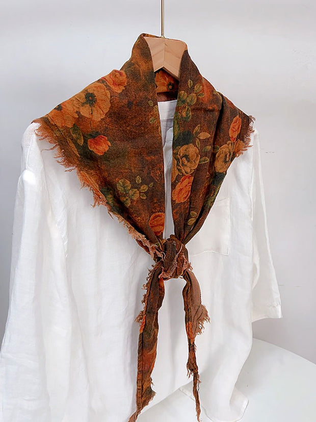 Women Vintage Flower Print Tassel Triangle Scarf