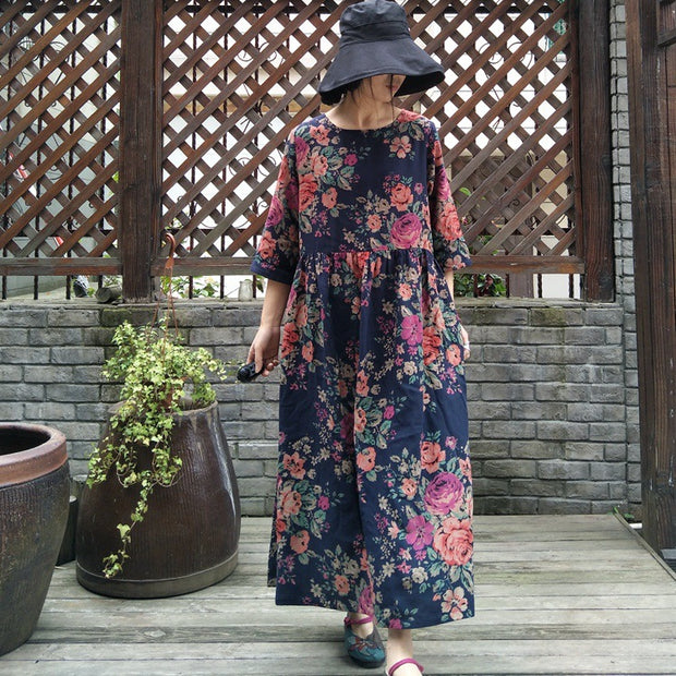 Floral Prints Pleated Summer Cotton Dress