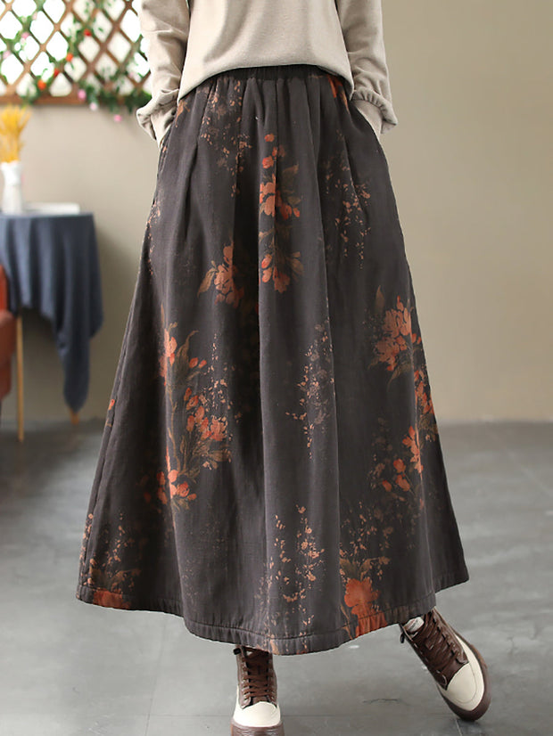 Women Vintage Flower A-shape Cotton Skirt