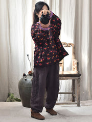 Women Winter Ethnic Floral Plaid Padded Coat