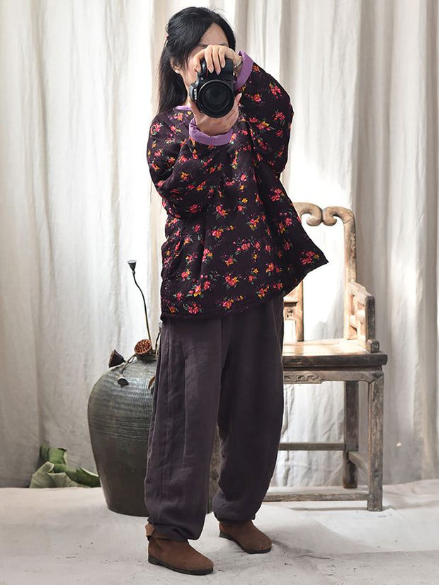 Women Winter Ethnic Floral Plaid Padded Coat