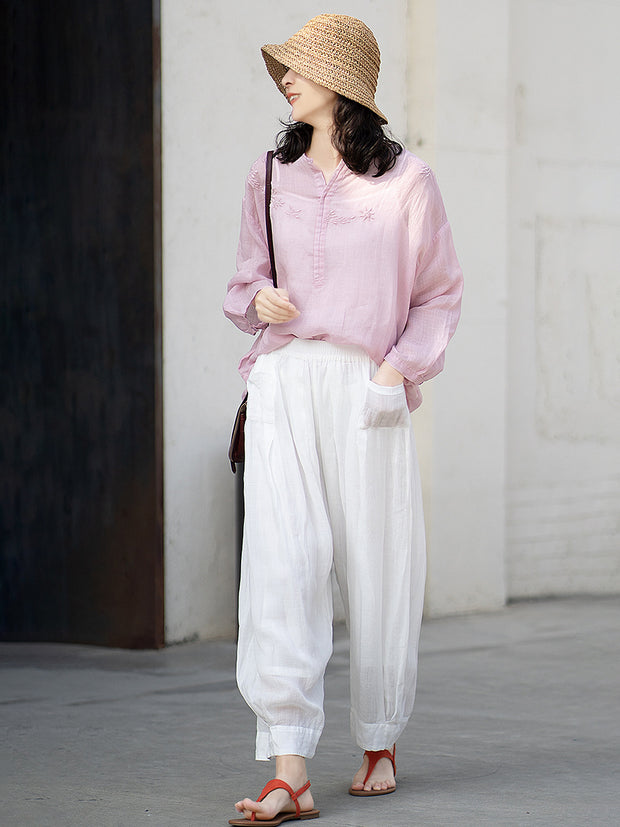 Ramie Summer Elastic Waist Loose Pants