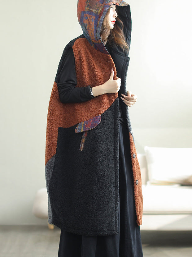 Women Autumn Casual Colorblock Hooded Vest Coat