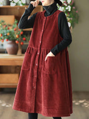 Women Vintage Corduroy Solid Button Vest Dress