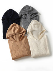 Women Casual Winter Solid Twist Hooded Wool Sweater