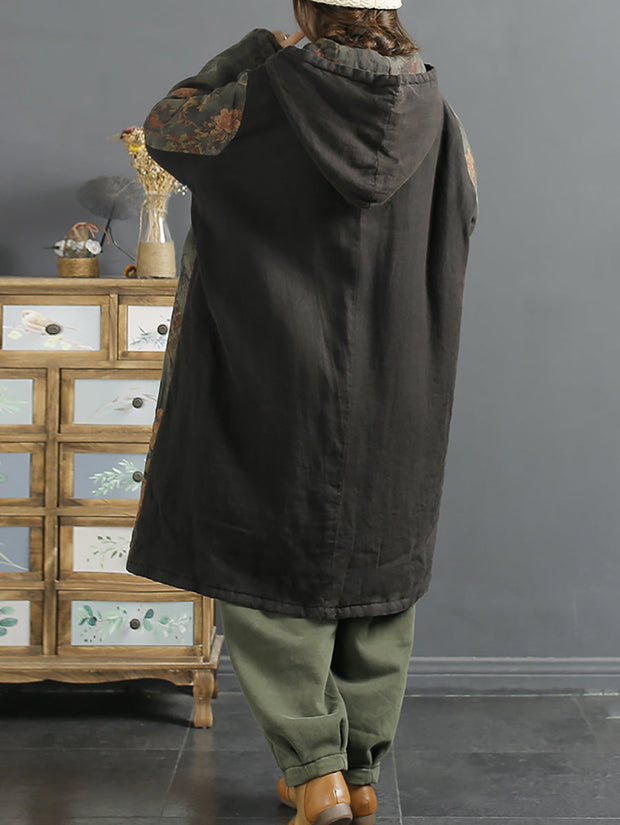Women Retro Spliced Linen Hooded Padded Coat