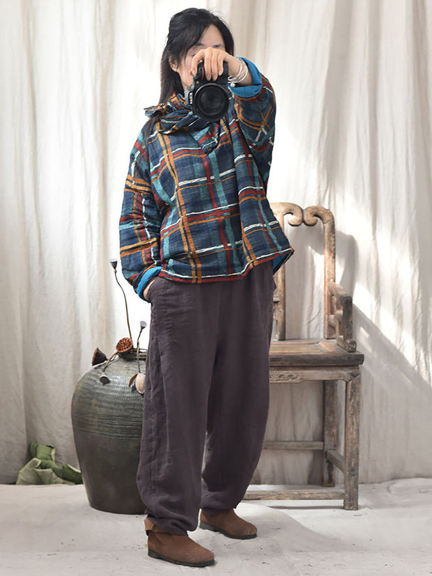 Women Winter Ethnic Floral Plaid Padded Coat