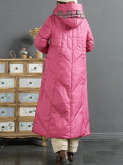 Women Ethnic Patch Spliced Long Hooded Down Coat