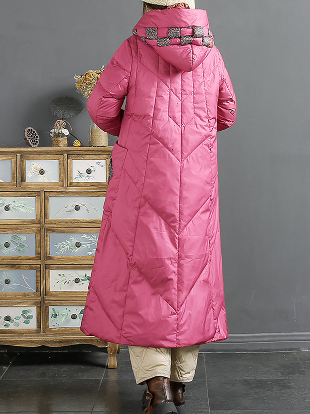Women Ethnic Patch Spliced Long Hooded Down Coat