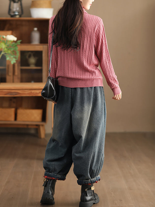 Women Autumn Solid Jacquard Turtleneck Wool Sweater