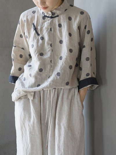 Women Vintage Spring Dot Linen Slant-Closure Shirt