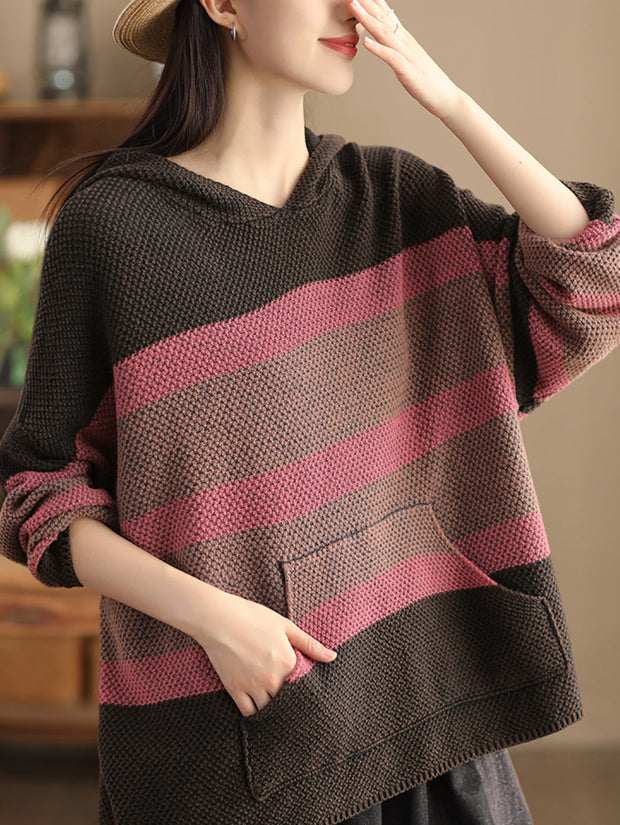 Women Vintage Spliced Knitted Pocket Hooded Sweater