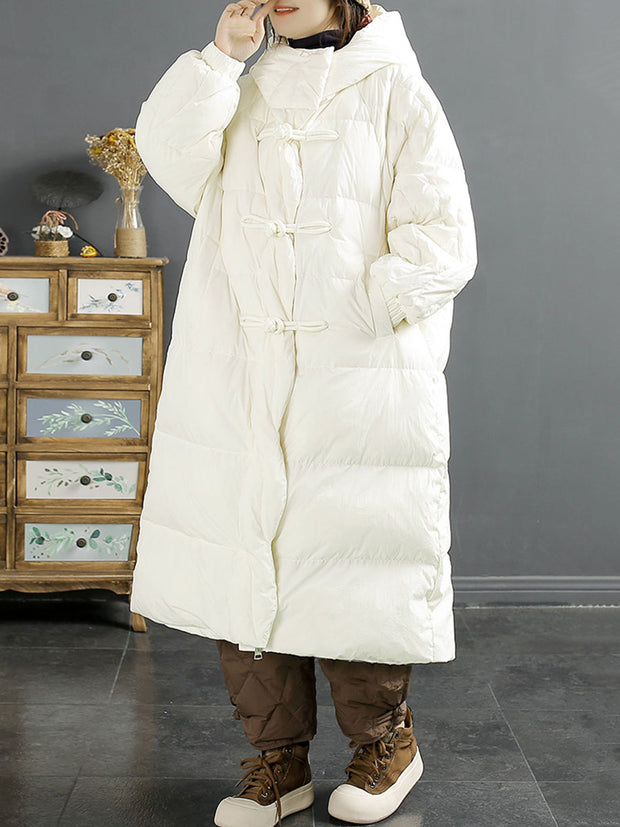 Women Vintage Solid Buckle Long Hooded Down Coat