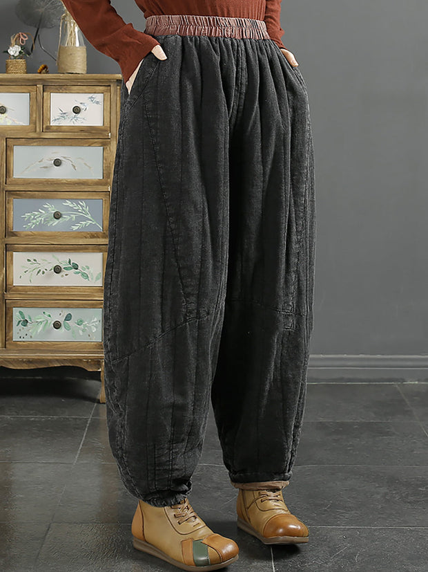 Women Retro Solid Thicken Padded Harem Pants